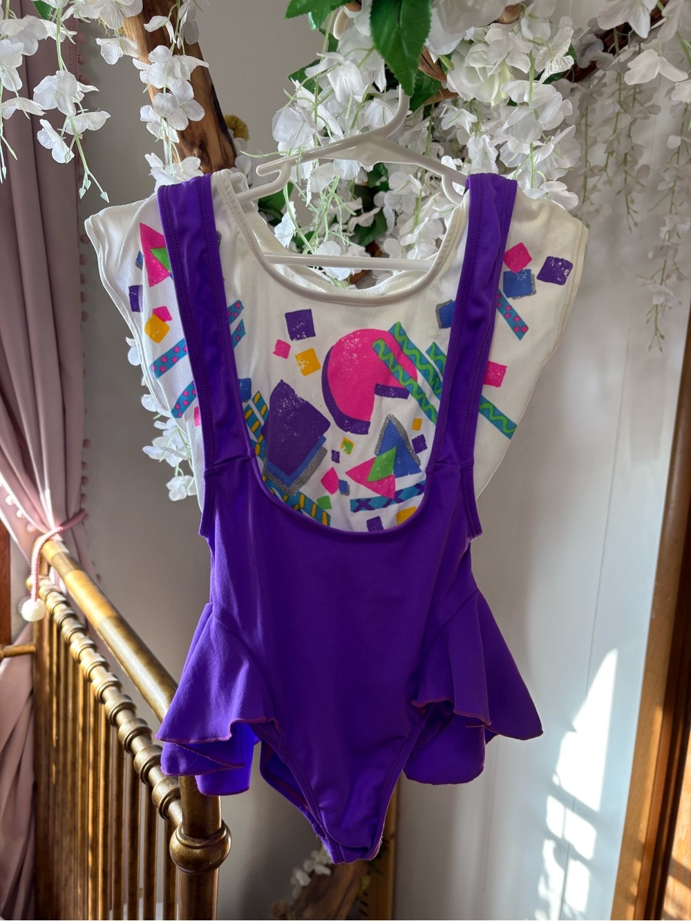 Vintage Kids Purple Dance Leotard with Graphic White Bodysuit